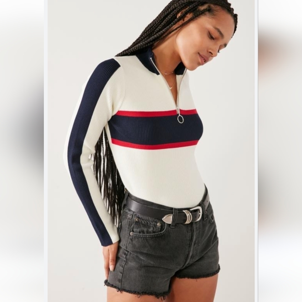 Urban Outfitters White and Navy Zip-Up Sweater